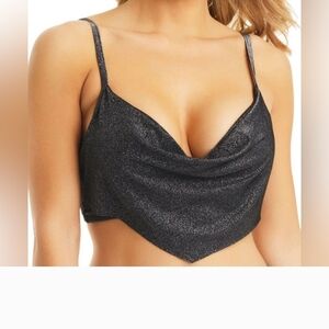 Bar iii Black Shimmer bra  Cowlneck Bikini Tank Crop Padded No Wire Sz XL